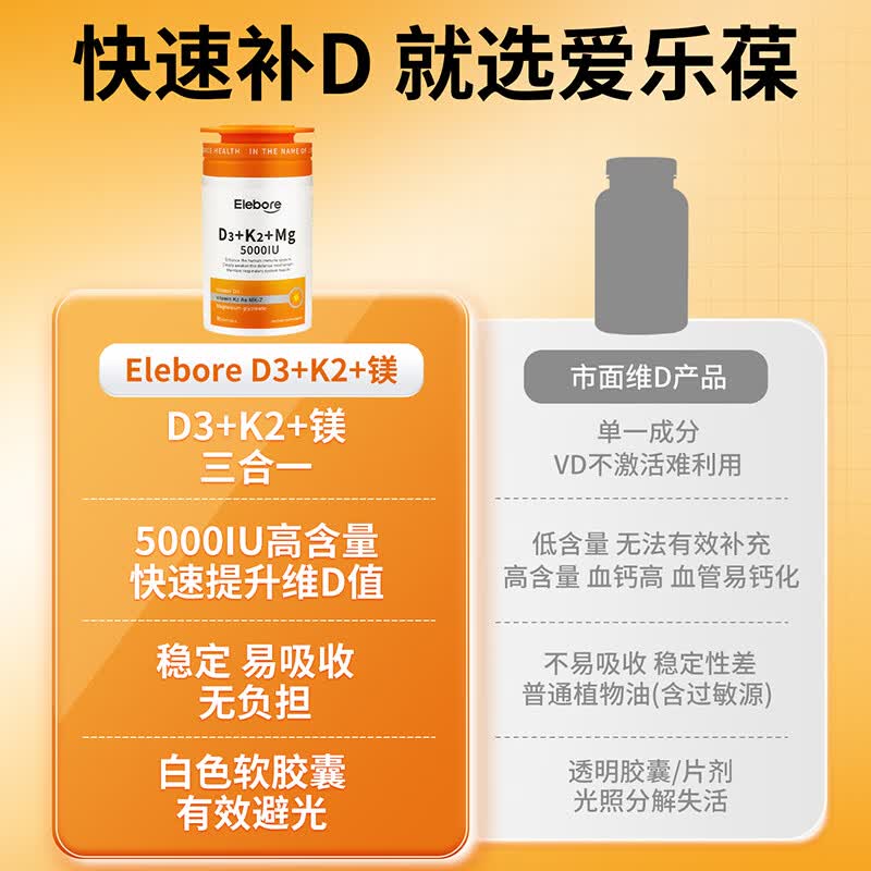 Elebore维生素d3k2镁三合一5000iu成人女性备孕妇中老年维生素d成人补剂 【5000iu】活性d3+K2+镁 90粒*1瓶