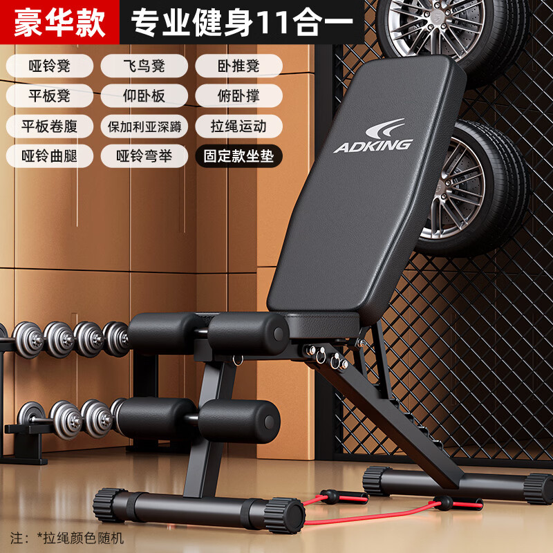 ADKING哑铃凳卧推男士仰卧起坐辅助器家用健身椅多功能运动器材专业椅子 豪华11合1+绳 固定坐垫承重1000