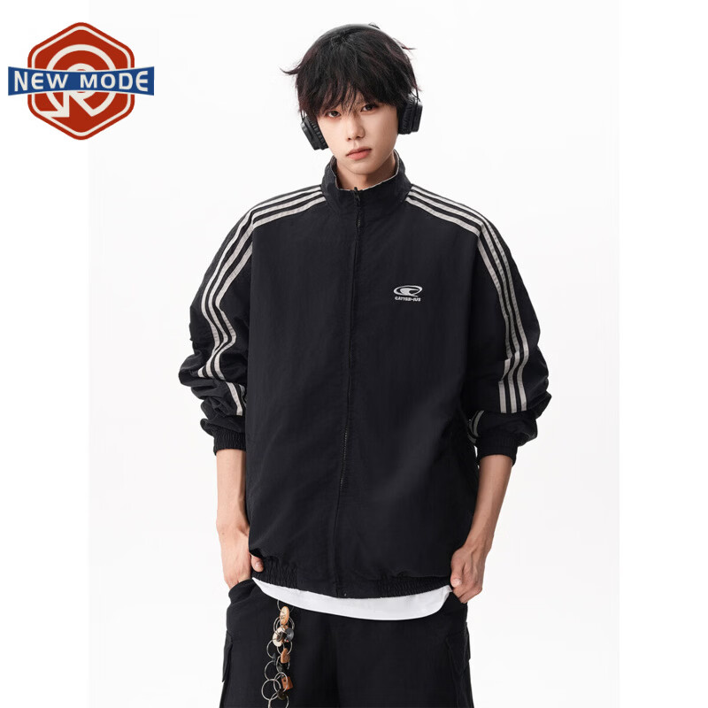 NEW OR MODE双面穿条纹运动夹克外套男潮牌新款春秋美式宽松百搭休闲拉链开衫 黑灰色【高品质】 M 【建议90-110斤】