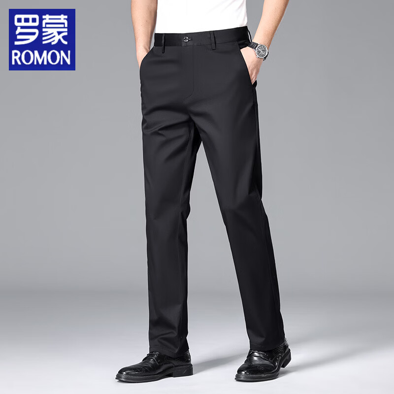 罗蒙（ROMON）夏季薄款纯棉休闲裤男宽松直筒裤弹力纯色商务高腰长裤子 藏青色 42