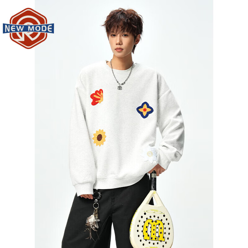 NEW OR MODE美式花卉刺绣圆领卫衣男春秋潮流重磅宽松大码休闲情侣运动上衣服 白花灰【高品质】 M 【建议90-110斤】