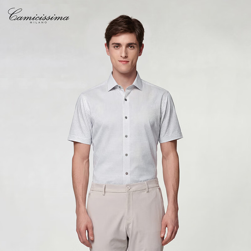 恺米切（CAMICISSIMA）免烫男士短袖衬衫灰白小格商务休闲衬衣男 灰白小格 40