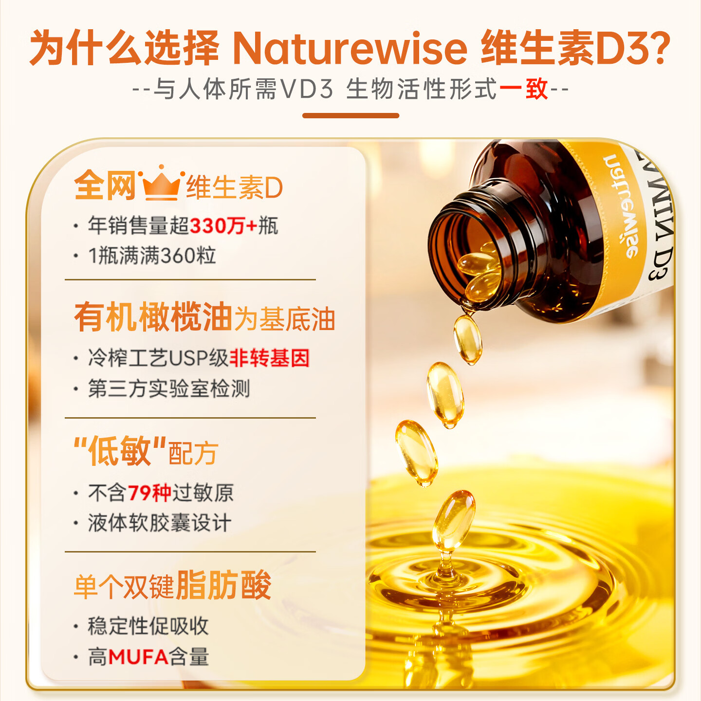 自然薇萃（naturewise）阳光瓶维生素D3软胶囊5000iu备孕成人儿童青少年补钙360粒美国 2000iu 360粒*1瓶 【13岁以上/孕期】