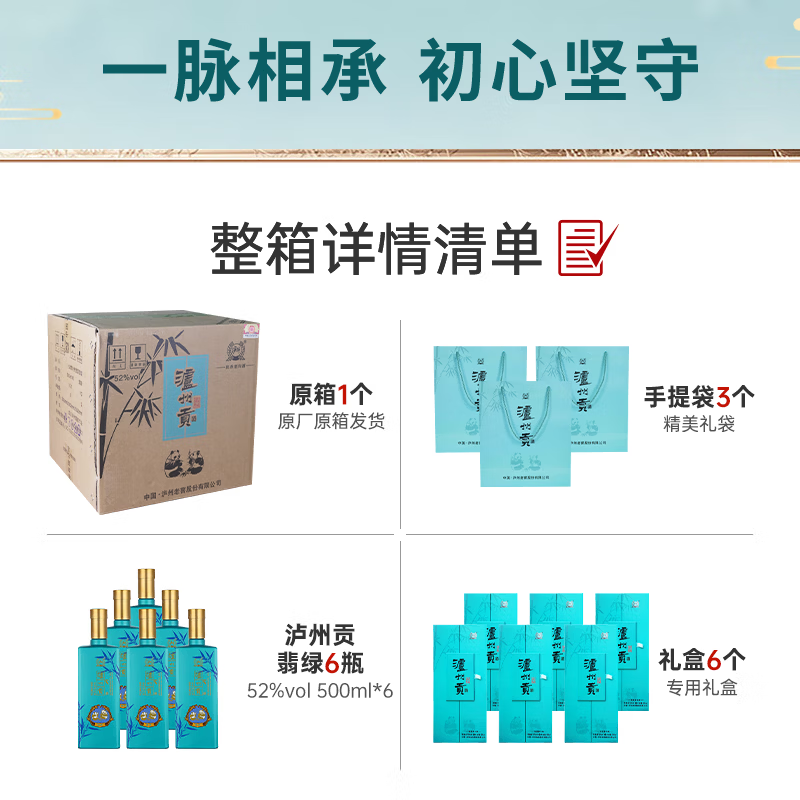 泸州老窖浓香型白酒熊猫酒 泸州贡翡绿 52度纯粮宴请礼品 52%vol 500mL 6瓶 翡绿