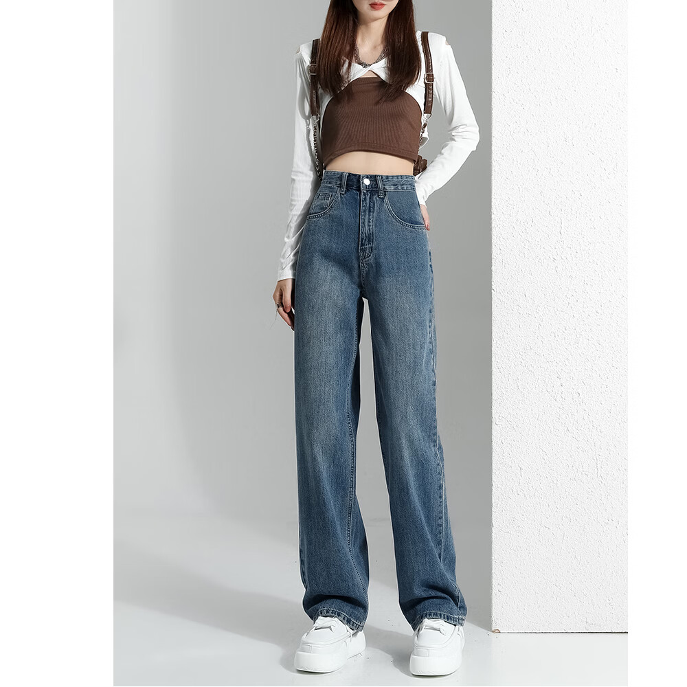 WAMLBN高腰阔腿牛仔裤女2026新款爆款简约宽松显瘦垂感复古直筒拖地裤子 蓝色 L 【尺码选择参考详情页尺寸信息】
