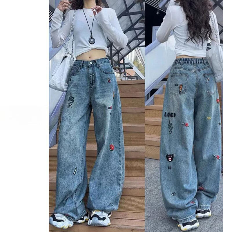 MODX大码300斤重工刺绣弯刀牛仔裤男女春季2026新款宽松休闲直筒长裤2 蓝色 【后松紧腰】 2XL 建议120-150斤