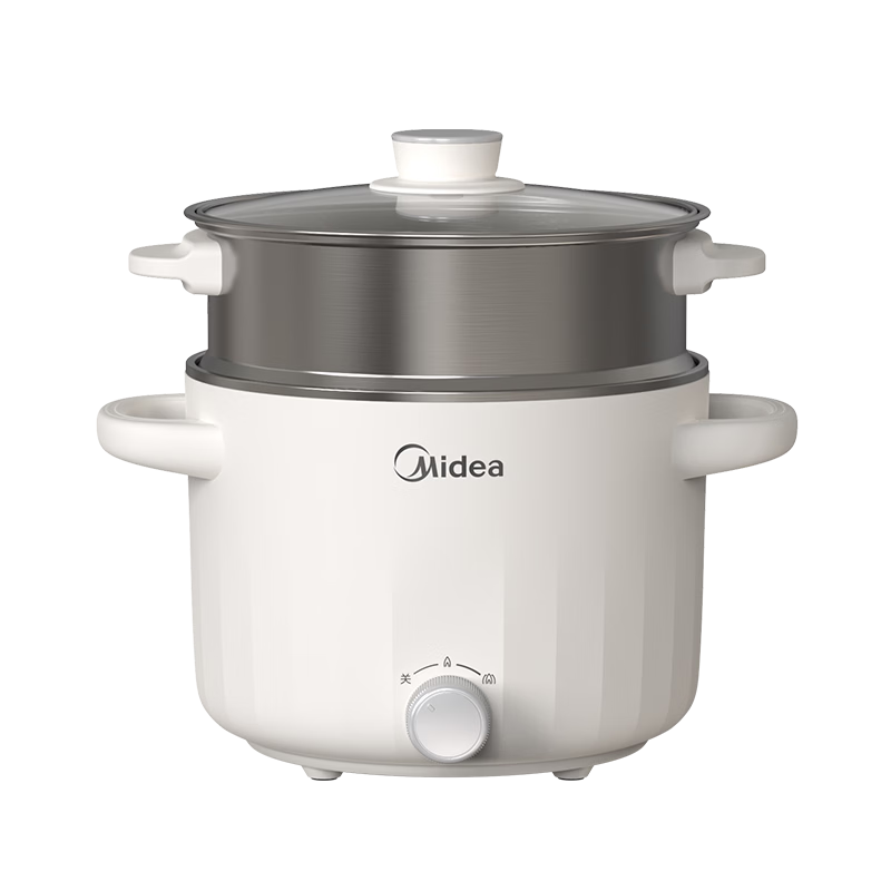 美的（Midea）电煮锅 0涂层不锈钢 宿舍小电锅 多功能家用宿舍泡面小火锅 2.6L蒸煮一体电热锅 XZC2066G 配蒸笼