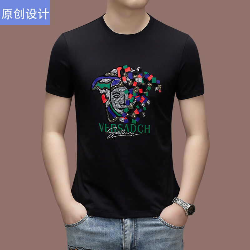 阿玛尼（ARMANI）意大利正品品牌圆领短袖t恤男薄款夏季中年时尚印花半袖体恤上衣 国际一线品牌黑色 3XL 185建议170斤-185斤