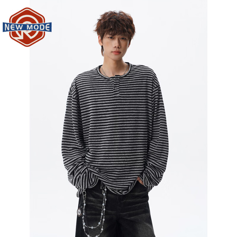 NEW OR MODE复古条纹亨利领长袖t恤男士夏季宽松松弛感通勤打底衫卫衣内搭T恤 黑条【高品质】 M 【建议90-110斤】