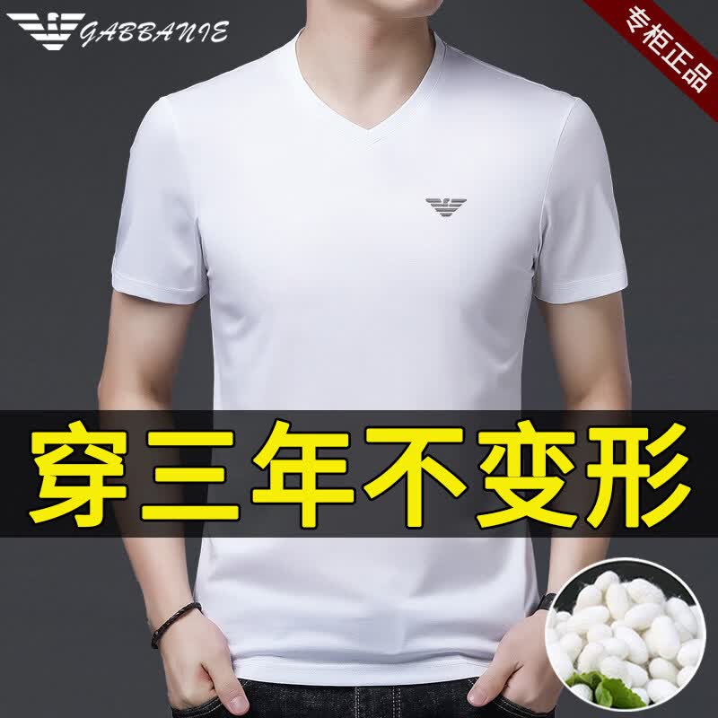 GABBANIE意大利正品高端桑蚕丝男士短袖t恤夏季纯色圆领名牌半袖体 国际一线品牌白色-V领 XL 175_【建议135-150斤】