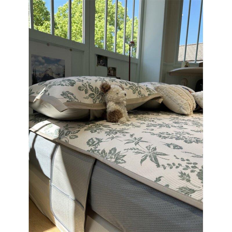 藤席天然纯藤冰法式茶歇绿色碎花可机洗夏凉席三件套空 YAG-冰藤席法式茶歇绿床笠款 1.8m(6英尺)床