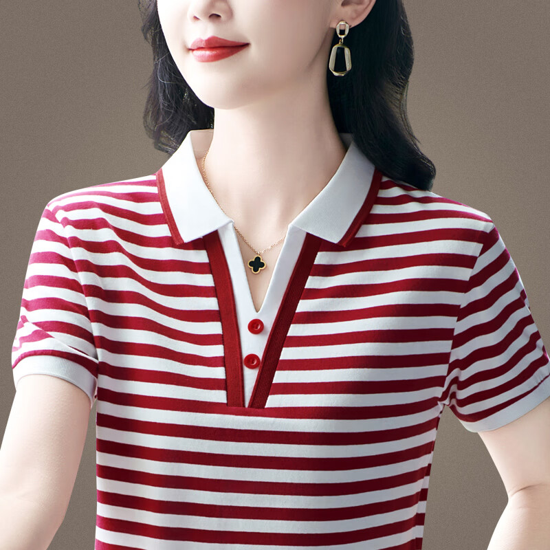 语缦翻领短袖t恤女新款夏季冰丝棉质宽松中年妈上衣条纹短款polo衫T恤 3211安可拉红 4XL (140-150斤)