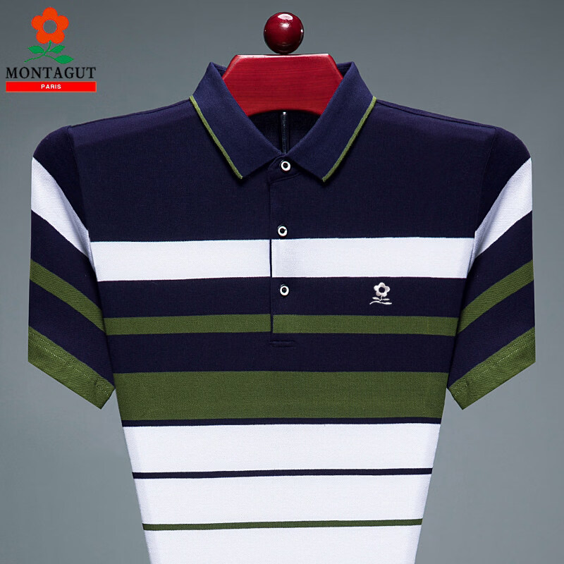 梦特娇（MONTAGUT）男士短袖T恤纯棉半袖夏季翻领亲肤透气中年条纹休闲polo衫 绿色 M 165(100-120斤)