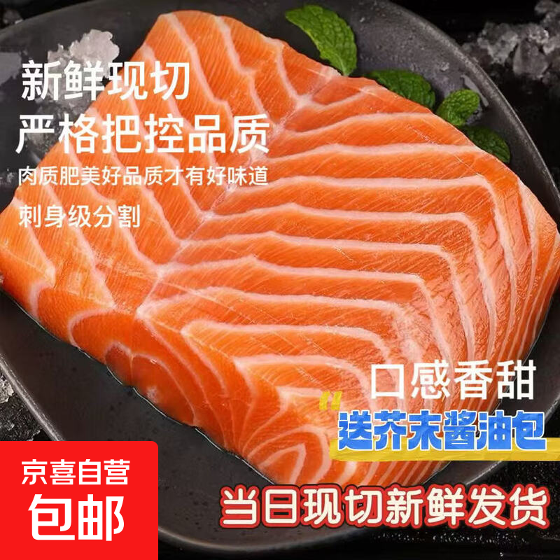 国产正宗新疆精修三文鱼冰鲜冷冻刺身新鲜即食中段现切寿司净重 二盒二整块[净重约480克]家庭版 精装 480g