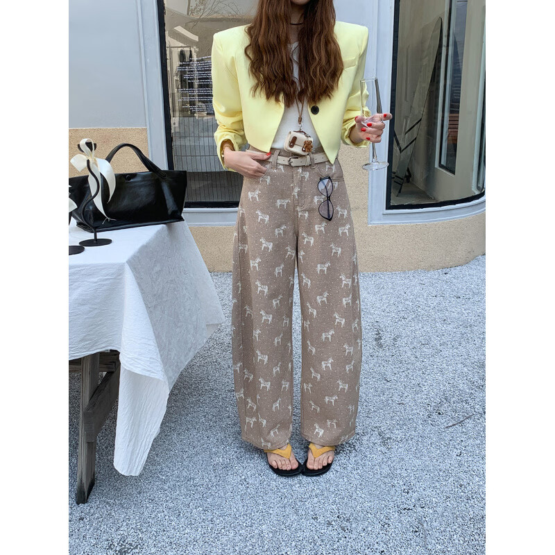 MODX小马印花直筒阔腿休闲牛仔裤女26春夏新款高腰宽松显瘦弯刀长裤子 卡其色+腰带 S