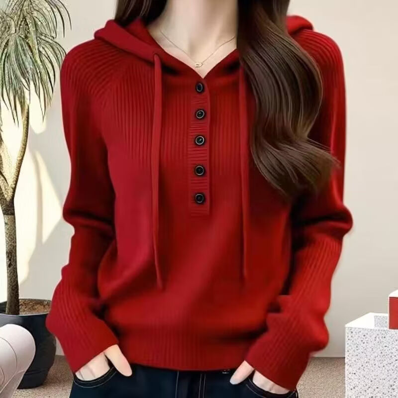 【商场品质】秋冬韩系连帽纽扣设计长袖针织衫女通勤保暖大码上衣 红色 L 【建议120-140斤】