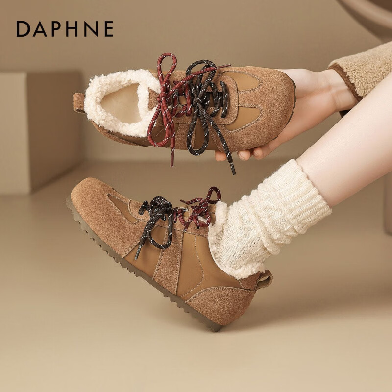 DAPHNE达芙妮美拉德加绒德训鞋女冬季2024新款秋冬勃肯运动鞋内增高鞋子TJ 驼色加绒【官方正品 跟高1.2CM】 37