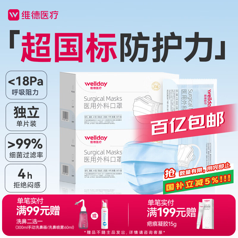 维德（WELLDAY）一次性成人医用外科口罩三层防护防过敏透气灭菌级独立包装100只