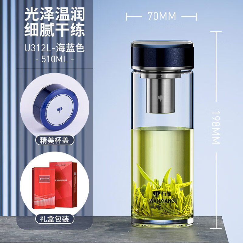 万象（WANXIANG）玻璃杯单层加厚大容量家用透明杯子办公可携式车载轻奢泡茶水杯男 U312L-海蓝色 510ML 带滤网