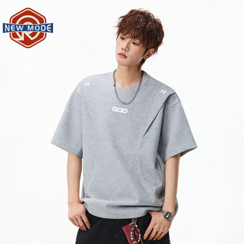 NEW OR MODE美式解构字母刺绣短袖t恤男夏季新款潮牌高街宽松百搭休闲半袖T恤 花灰色【高品质】 XL 【建议125-145斤】