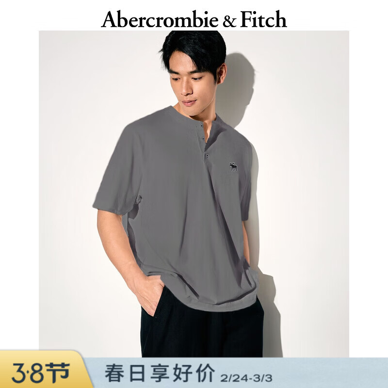 Abercrombie &amp; Fitch经典小麋鹿图案男装25夏季美式重磅宽松亨利领短袖T恤 深灰色 M (180/100A)尺码偏大