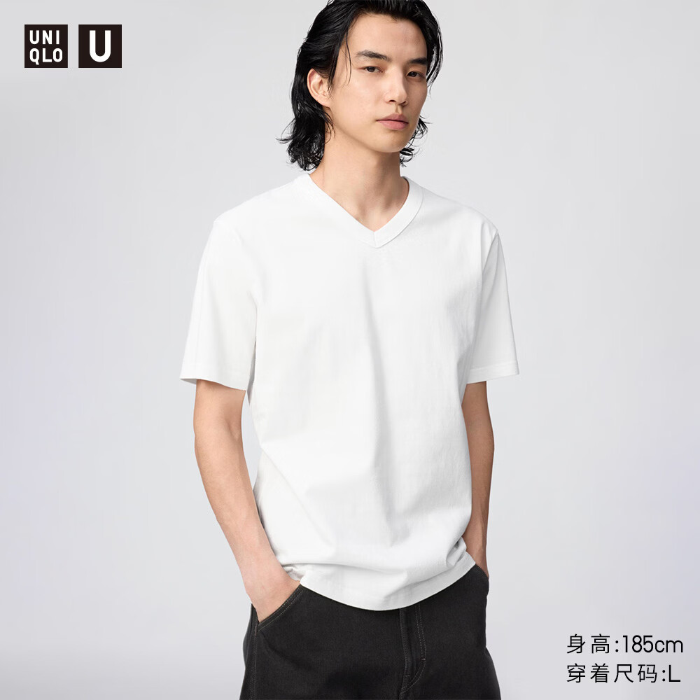 优衣库合作款/男装女装V领T恤/短袖482301 00 白色 L