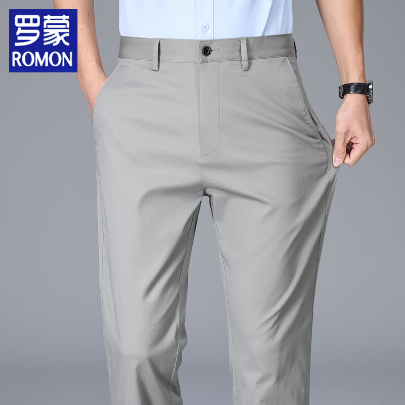 罗蒙（ROMON）夏季薄款纯棉休闲裤男宽松直筒裤弹力纯色商务高腰长裤子 藏青色 42