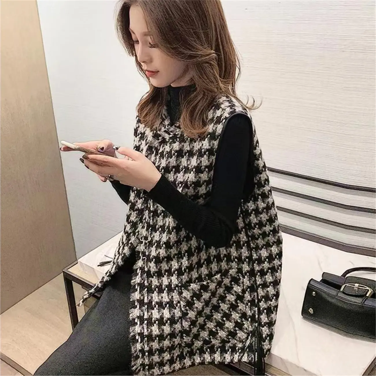 春秋季新款马甲女新宽松韩版背心时尚千鸟格坎肩马夹外套女上衣 千鸟格马甲 2XL 【建议135-150斤】