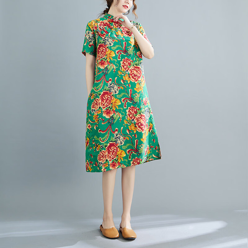 夏典素订女王（SE.PSTP）2026高品质新款高端轻奢大牌民族风覆古印花改良盘扣旗袍连衣裙女 绿色大花 M 【95-115斤】