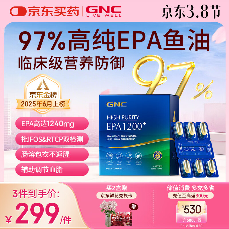 GNC健安喜97%高纯度EPA深海鱼油无腥味非鱼肝油专业降血脂60粒/盒