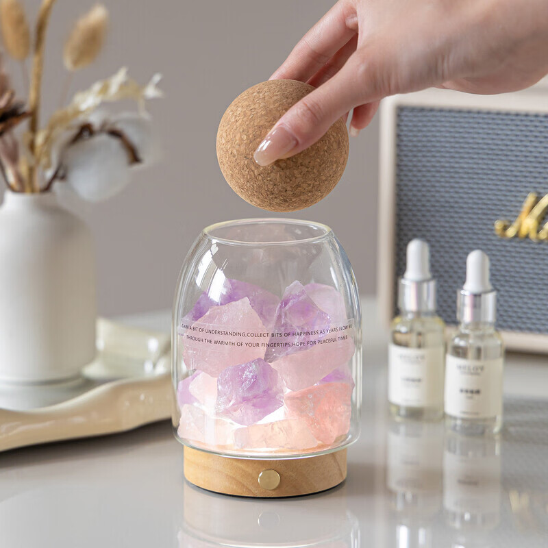 无火香薰扩香石水晶精油家用卧室内香氛小夜灯情人节生日礼物礼盒 橙盐石（充电款 三色光 明暗可调） 小苍兰 20ml 清新花香调 适中