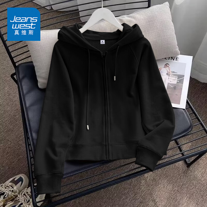 真维斯（Jeanswest）连帽卫衣外套女款春秋2026新款爆款小个子时尚百搭风拉链短款开衫 黑色 M