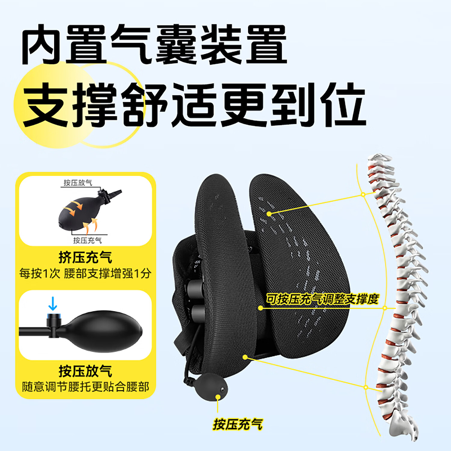 梦丝洛人体工学腰靠腰垫汽车靠背坐垫腰枕护腰办公室靠垫减压车座座靠垫 商务黑-网布款