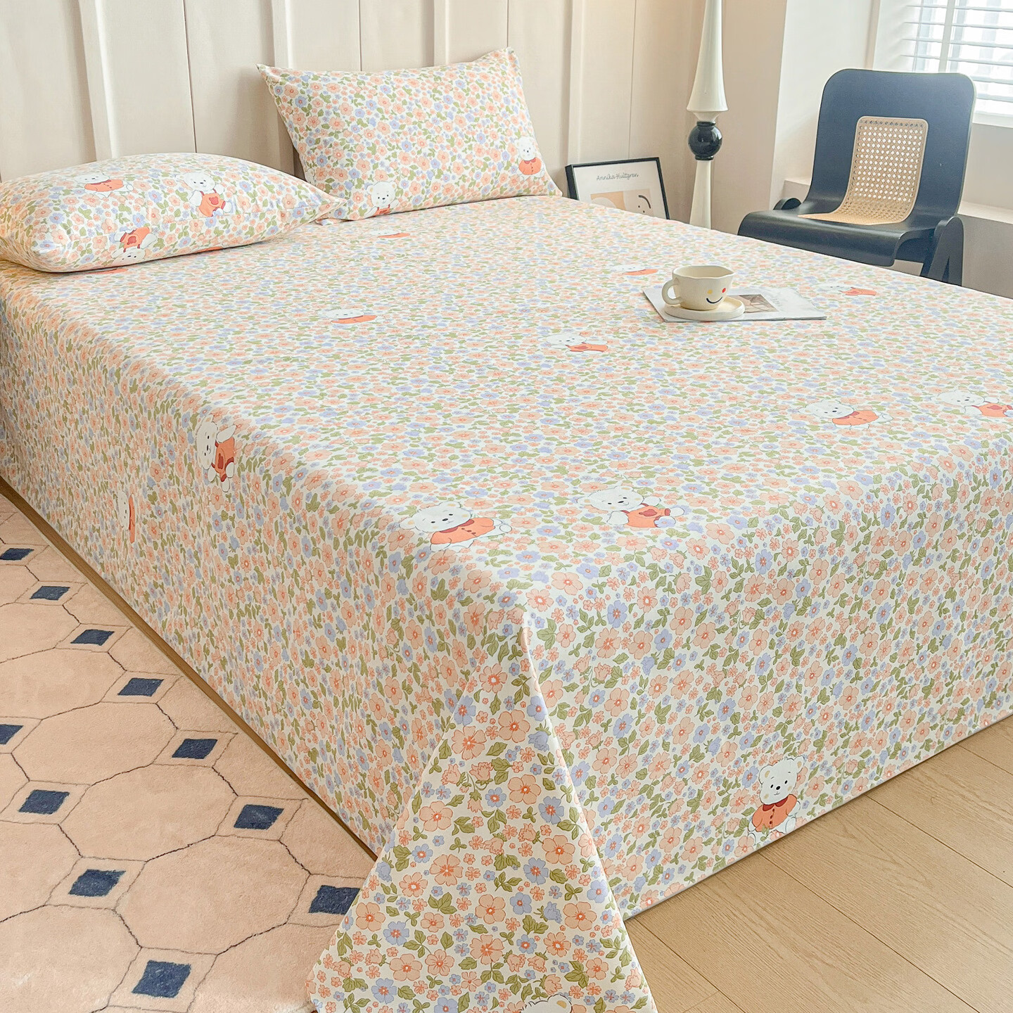 雅鹿加厚老粗布床单单件100原棉亚麻床罩学生宿舍被单三件套单人 花朵熊 200*230cm床单三件套