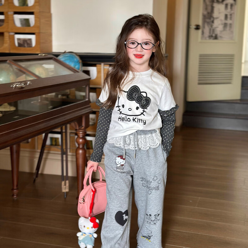 栀了成长记童装女童卡通假两件上衣2026春季儿童韩版时髦长袖T恤 灰色 裤子 130 cm