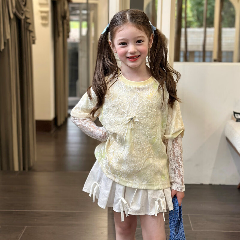 栀了成长记童装女童假两件蕾丝上衣2026春季儿童甜美扎染长袖T恤 半身裙 140 cm