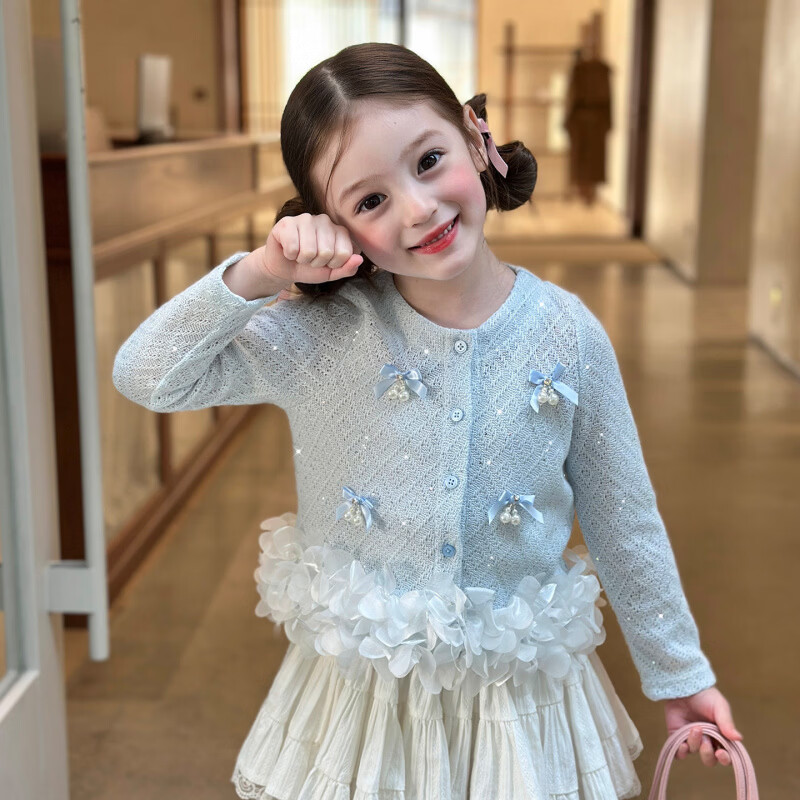 栀了成长记童装女童韩版时髦上衣2026春季儿童甜美蝴蝶结针织开衫 蓝色 上衣 100 cm