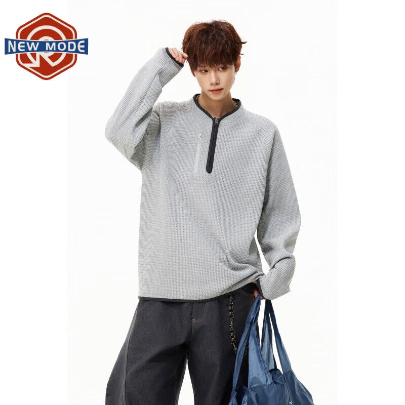 NEW OR MODE华夫格半拉链长袖t恤男士春夏季宽松休闲机能运动情侣上衣打底衫 灰色【高品质】 M 【建议90-110斤】