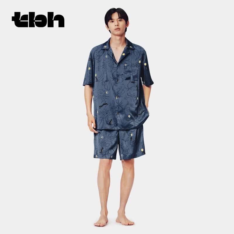 野兽派家居（tbh）男女同款 都市野兽黑豹星光缎家居服男四季可外穿情侣睡衣女 黑豹星光缎家居服短款套装 夜幕蓝 XL