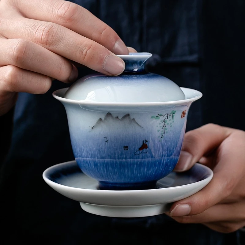 京峰阁 茶具套装 景德镇陶瓷手绘划船茶壶整套高档轻奢家用办公商务礼品 手绘划船皮盒套装 6人饮 11件