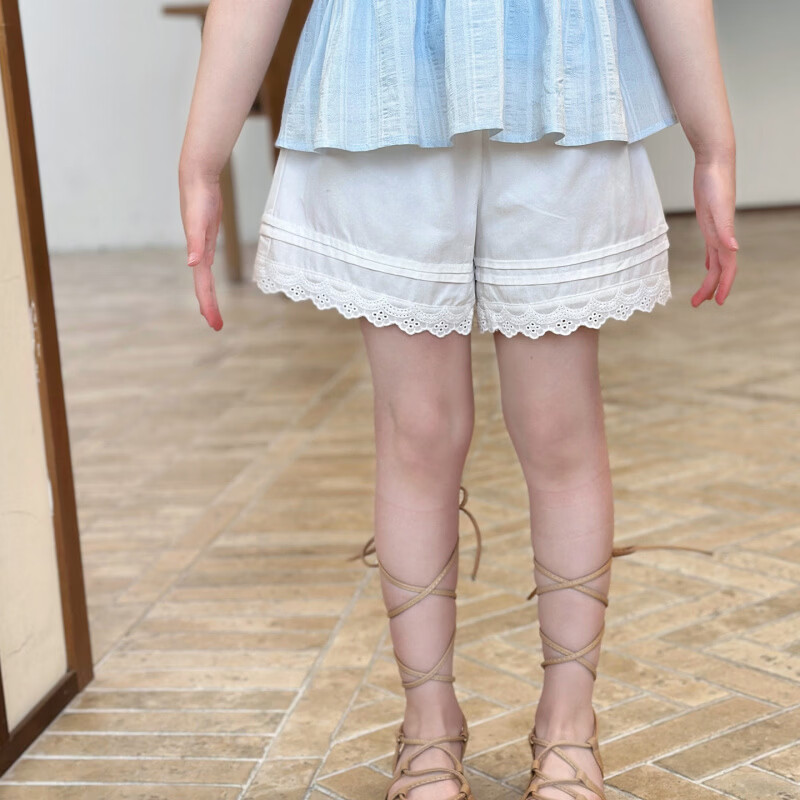 栀了成长记女童装时尚百搭裤子2026春季儿童新款简约阔腿蕾丝短裤 白色 短裤 150 cm