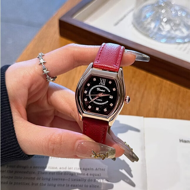 DIMINI新款酒桶型星空面CD扣轻奢经典时尚优雅女款防水机械风石英腕手表 星空绿面玫壳-绿皮(CD扣)