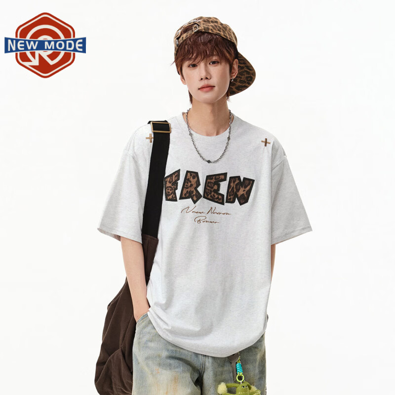 NEW OR MODE美式高街印花短袖t恤男夏季新款重磅潮牌宽松纯棉休闲半袖体恤衫 花灰色【高品质】 L 【建议110-130斤】