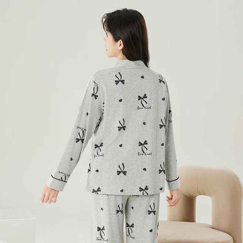 芬腾睡衣女【纯棉】V领开衫长袖蝴蝶结少女家居服套装 灰色 L