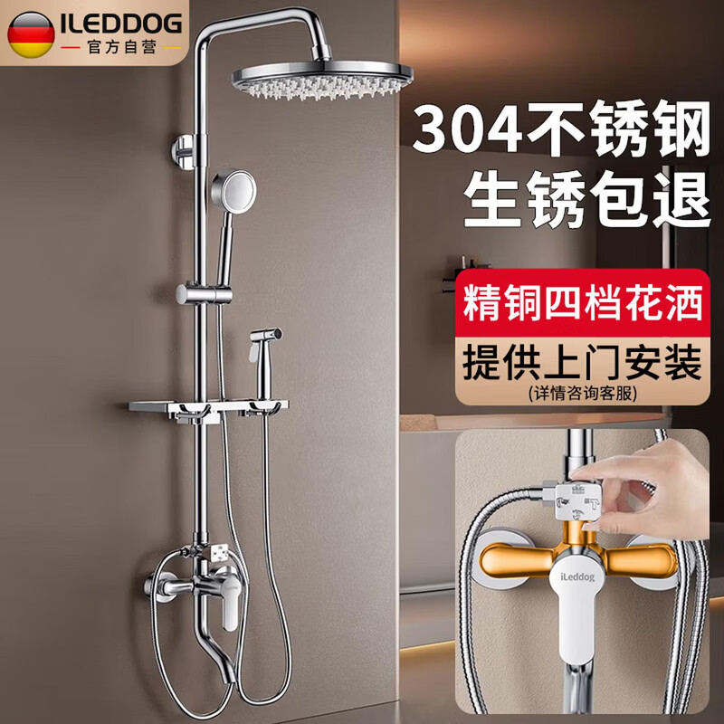 iLeddog【精工】全铜主体淋浴花洒套装304不锈钢手持花洒增压大顶喷D5001