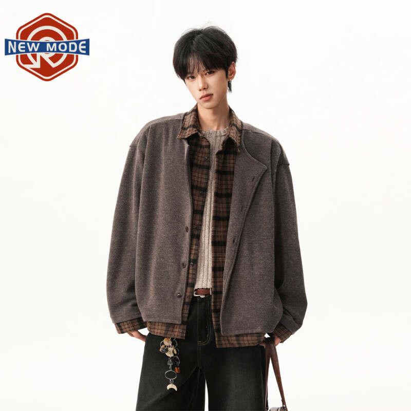 NEW OR MODE老钱风复古假两件外套男春秋新款格纹拼接宽松翻领棒球服夹克上衣 咖色【高品质】 XL 【建议125-145斤】