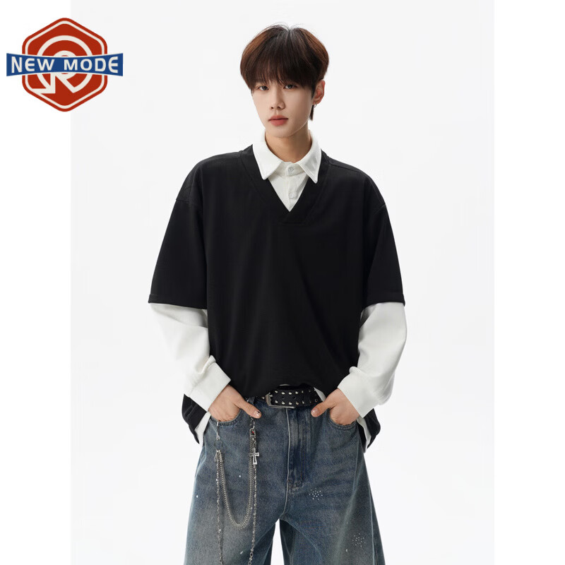 NEW OR MODE假两件翻领卫衣男春季新款潮流宽松大码男装休闲学生运动上衣外套 黑色【高品质】 XL 【建议125-145斤】