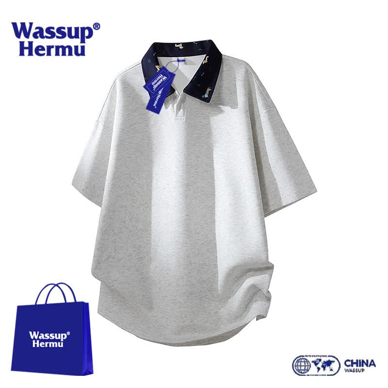 WASSUP HERMU官方短袖套装男夏季休闲运动风T恤撞色腊肠狗印花学生穿搭POLO衫 花白上衣 M （推荐80-100斤）