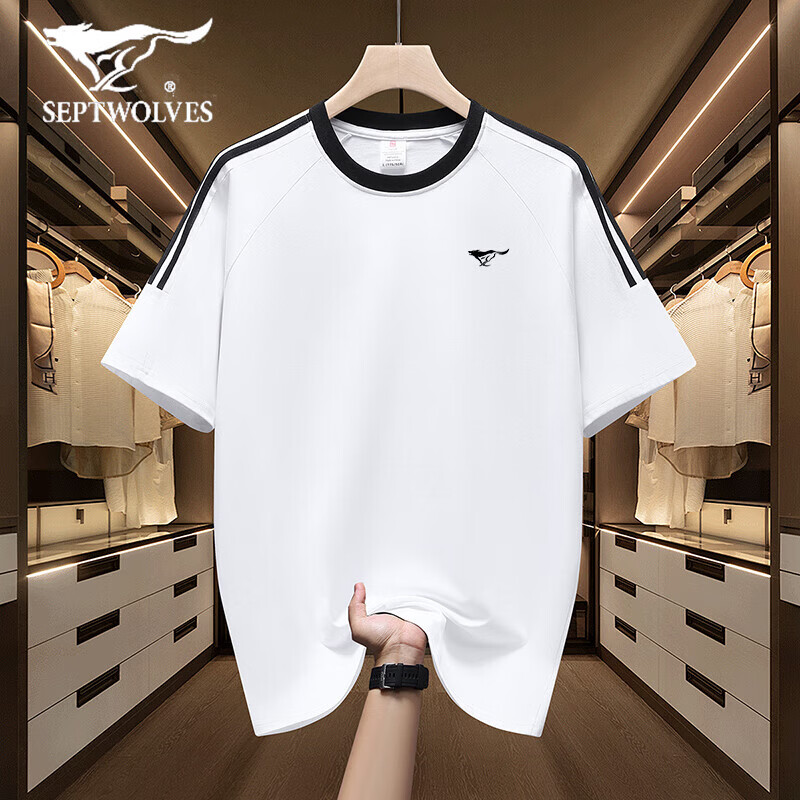 七匹狼（SEPTWOLVES）短袖t恤男纯棉薄款2025夏款透气亲肤宽松大码圆领体恤衫落肩袖口 T240藏青 薄款 2XL 建议160-180斤