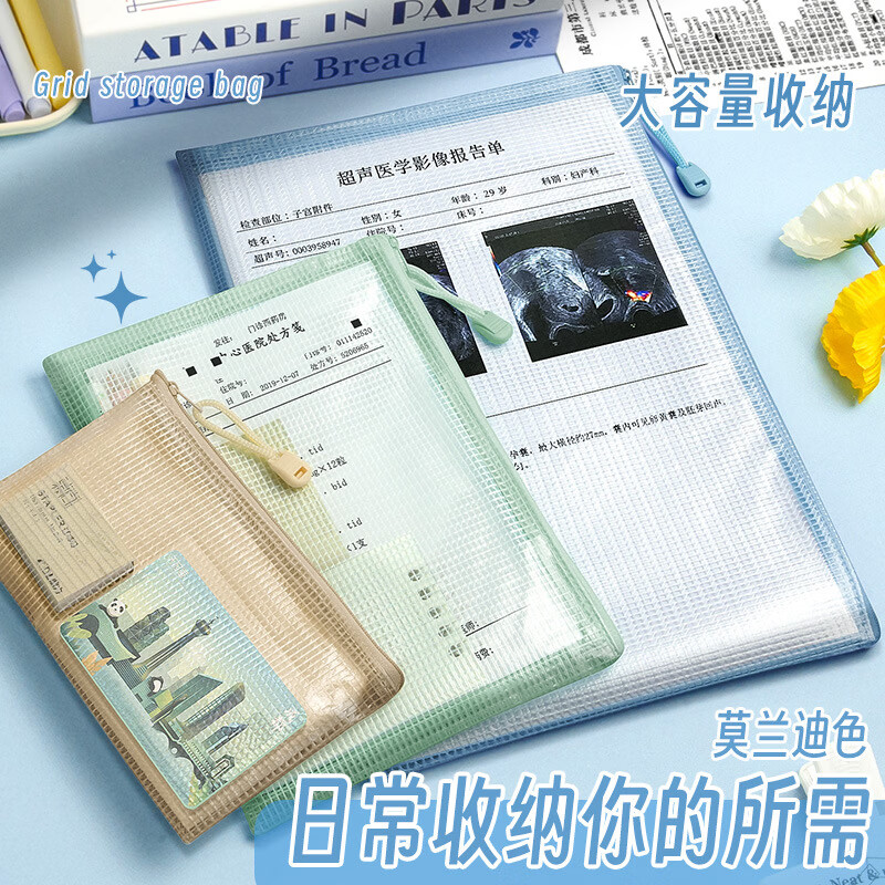 恬舒PVC防水网格袋A4透明拉链文件袋学生办公资料收纳袋莫兰迪文件袋 A4【60032】 混色-【5个装】